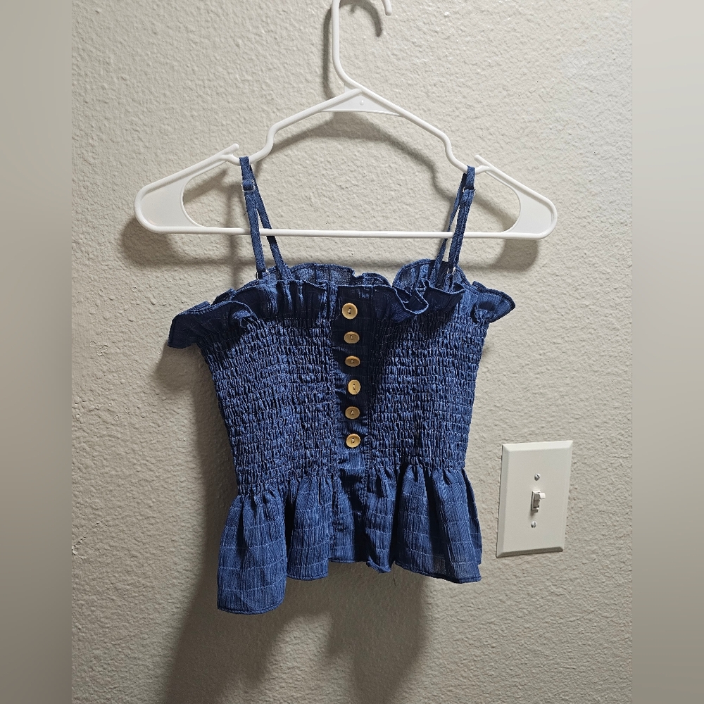 NWT Dowisi Blue Smocked Ruffle Top
